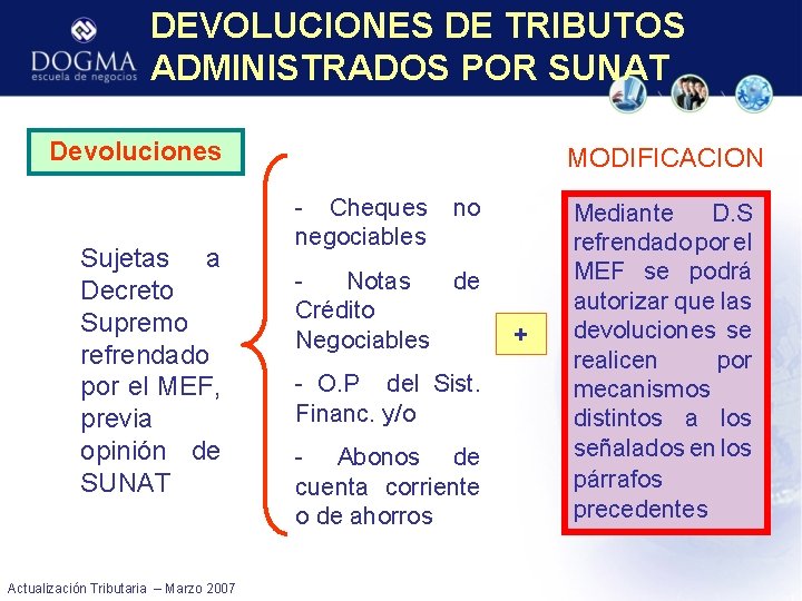 DEVOLUCIONES DE TRIBUTOS ADMINISTRADOS POR SUNAT Devoluciones Sujetas a Decreto Supremo refrendado por el