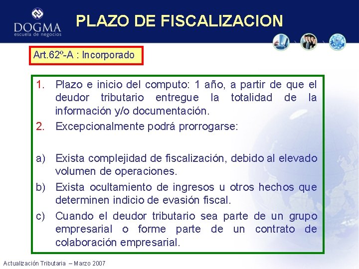 PLAZO DE FISCALIZACION Art. 62º-A : Incorporado 1. Plazo e inicio del computo: 1