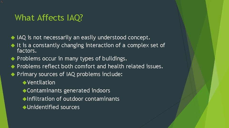 What Affects IAQ? IAQ is not necessarily an easily understood concept. It is a