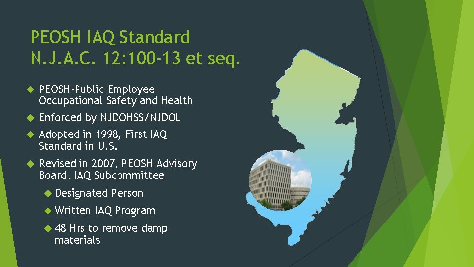 PEOSH IAQ Standard N. J. A. C. 12: 100 -13 et seq. PEOSH-Public Employee