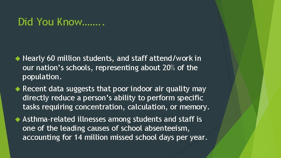 Did You Know……. . Nearly 60 million students, and staff attend/work in our nation’s