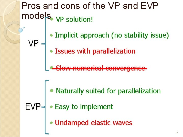 Pros and cons of the VP and EVP models • VP solution! VP •