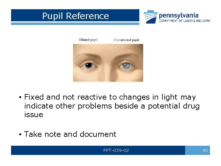 Pupil Reference • Fixed and not reactive to changes in light may indicate other