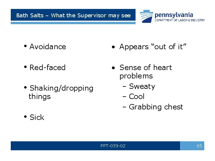 Bath Salts – What the Supervisor may see • Avoidance • Appears “out of