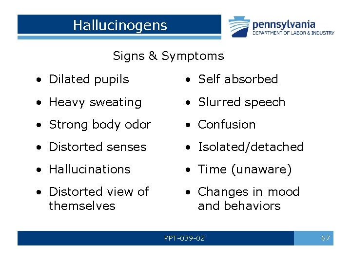 Hallucinogens Signs & Symptoms • Dilated pupils • Self absorbed • Heavy sweating •
