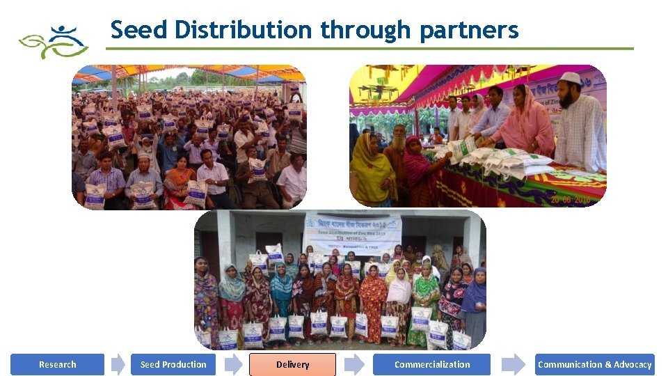 Seed Distribution through partners Research Seed Production Delivery Commercialization Communication & Advocacy 