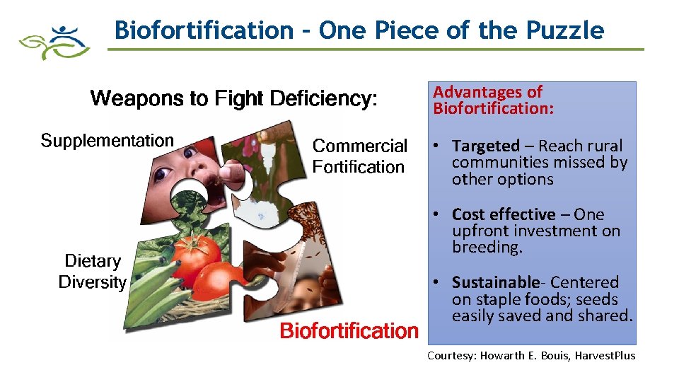 Biofortification – One Piece of the Puzzle Advantages of Biofortification: • Targeted – Reach