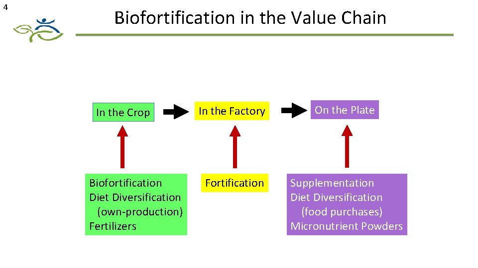 4 Biofortification in the Value Chain In the Crop Biofortification Diet Diversification (own-production) Fertilizers