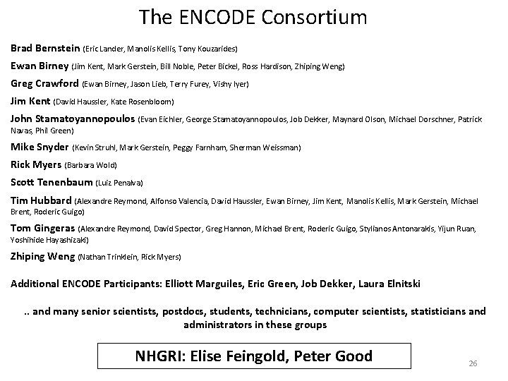 The ENCODE Consortium Brad Bernstein (Eric Lander, Manolis Kellis, Tony Kouzarides) Ewan Birney (Jim