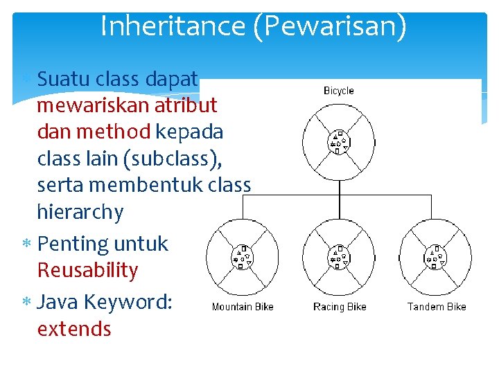 Inheritance (Pewarisan) Suatu class dapat mewariskan atribut dan method kepada class lain (subclass), serta