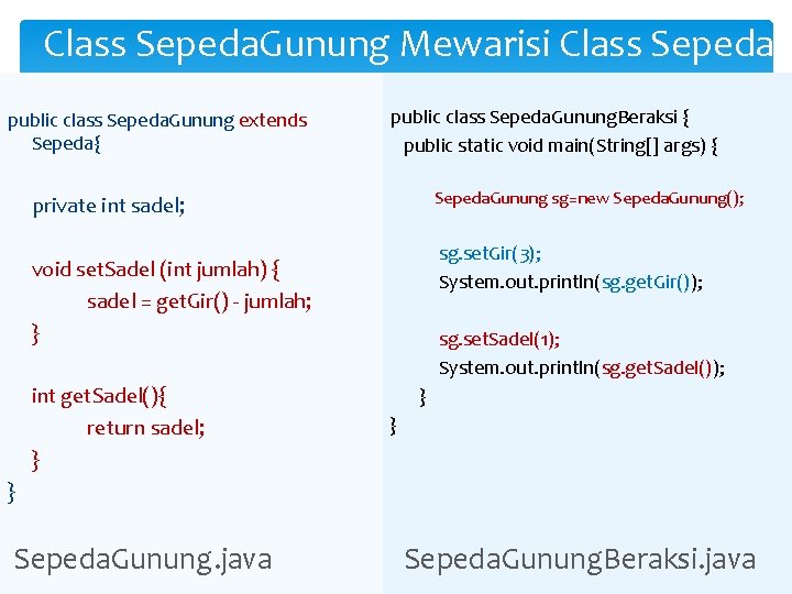 Class Sepeda. Gunung Mewarisi Class Sepeda public class Sepeda. Gunung extends Sepeda{ public class