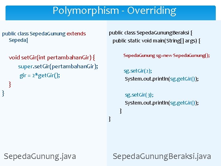 Polymorphism - Overriding public class Sepeda. Gunung extends Sepeda{ public class Sepeda. Gunung. Beraksi