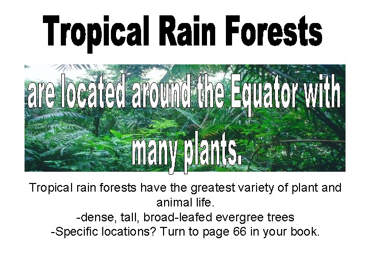 Tropical rain forests have the greatest variety of plant and animal life. -dense, tall,