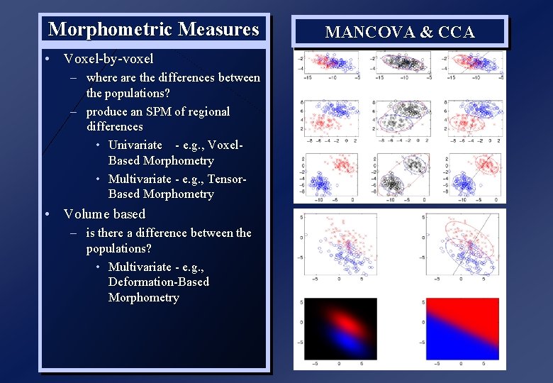 Morphometric Measures • Voxel-by-voxel – where are the differences between the populations? – produce