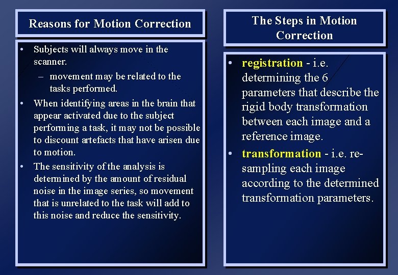 Reasons for Motion Correction The Steps in Motion Correction • Subjects will always move