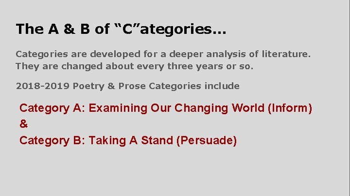 The A & B of “C”ategories. . . Categories are developed for a deeper