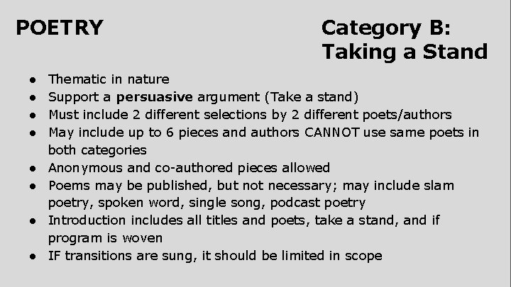 POETRY ● ● ● ● Category B: Taking a Stand Thematic in nature Support