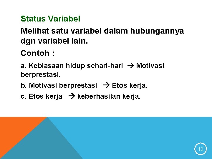 Status Variabel Melihat satu variabel dalam hubungannya dgn variabel lain. Contoh : a. Kebiasaan