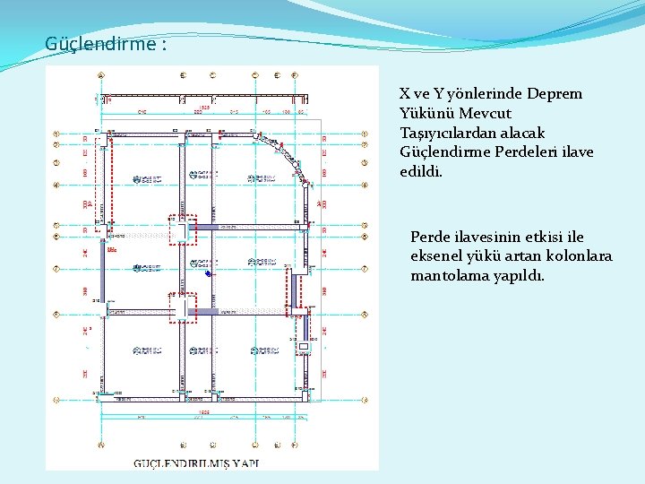 Güçlendirme : X ve Y yönlerinde Deprem Yükünü Mevcut Taşıyıcılardan alacak Güçlendirme Perdeleri ilave