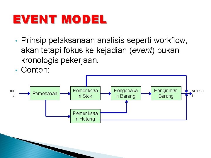 EVENT MODEL • • mul ai Prinsip pelaksanaan analisis seperti workflow, akan tetapi fokus