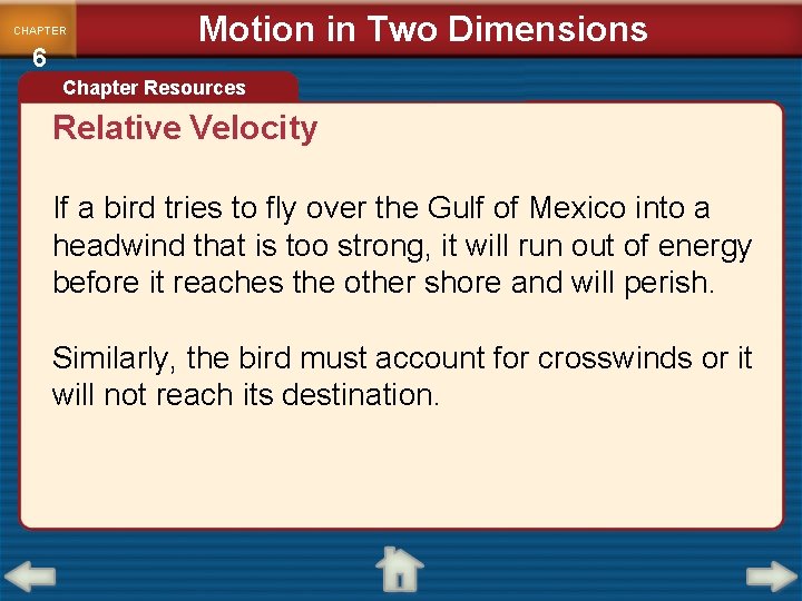 CHAPTER 6 Motion in Two Dimensions Chapter Resources Relative Velocity If a bird tries