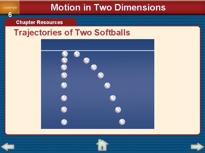 CHAPTER 6 Motion in Two Dimensions Chapter Resources Trajectories of Two Softballs CHAPTER 6 Motion in Two Dimensions Chapter Resources Trajectories of Two Softballs