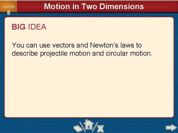 CHAPTER 6 Motion in Two Dimensions BIG IDEA You can use vectors and Newton’s CHAPTER 6 Motion in Two Dimensions BIG IDEA You can use vectors and Newton’s