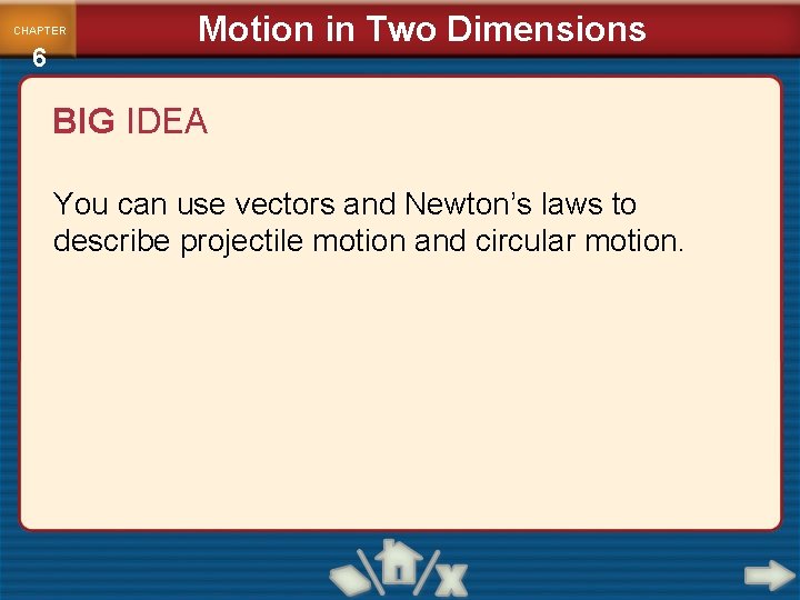 CHAPTER 6 Motion in Two Dimensions BIG IDEA You can use vectors and Newton’s