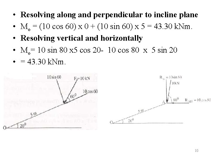  • • • Resolving along and perpendicular to incline plane Mo = (10
