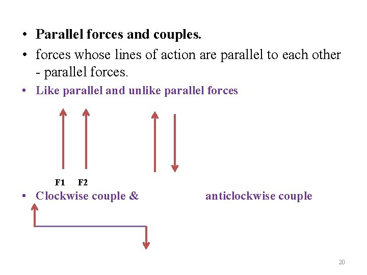  • Parallel forces and couples. • forces whose lines of action are parallel
