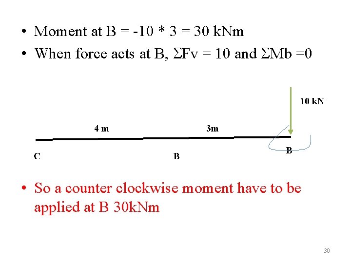  • Moment at B = -10 * 3 = 30 k. Nm •