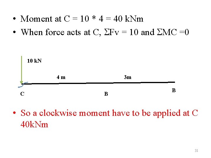  • Moment at C = 10 * 4 = 40 k. Nm •