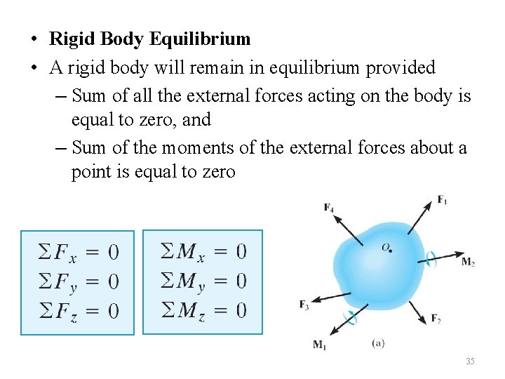  • Rigid Body Equilibrium • A rigid body will remain in equilibrium provided