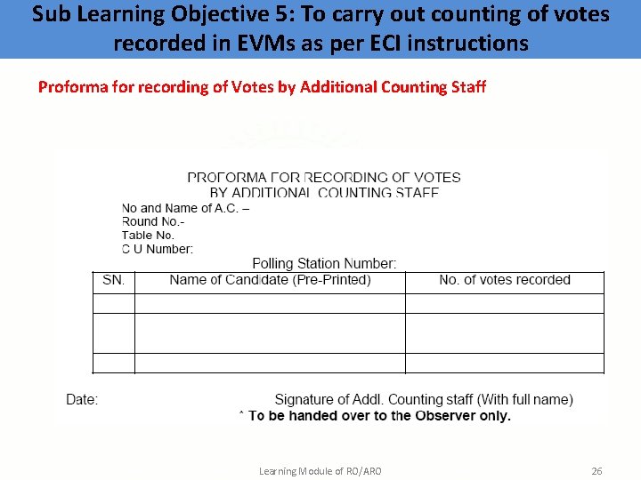 Sub Learning Objective 5: To carry out counting of votes recorded in EVMs as