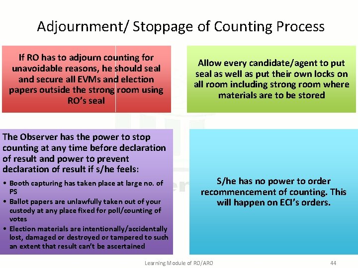 Adjournment/ Stoppage of Counting Process If RO has to adjourn counting for unavoidable reasons,