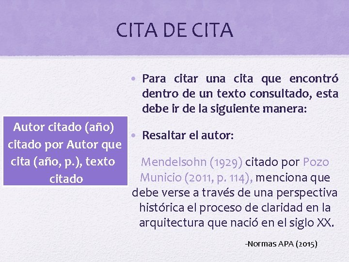 CITA DE CITA • Para citar una cita que encontró dentro de un texto