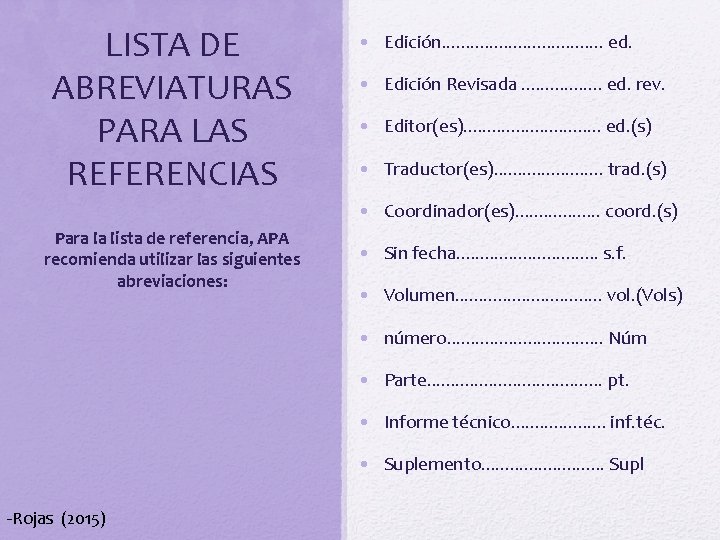 LISTA DE ABREVIATURAS PARA LAS REFERENCIAS • Edición. . . . ed. • Edición