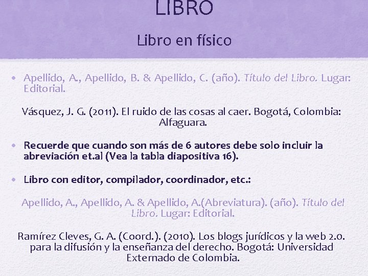 LIBRO Libro en físico • Apellido, A. , Apellido, B. & Apellido, C. (año).