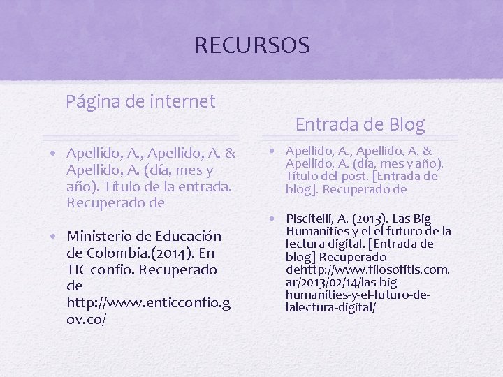 RECURSOS Página de internet • Apellido, A. , Apellido, A. & Apellido, A. (día,