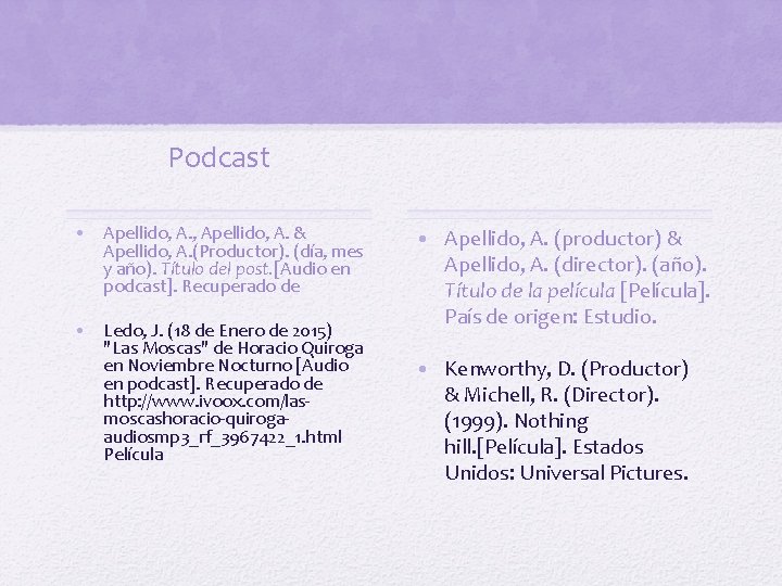 Podcast • Apellido, A. , Apellido, A. & Apellido, A. (Productor). (día, mes y