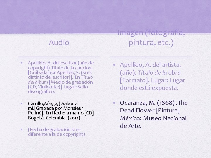 Audio Imagen (fotografía, pintura, etc. ) • Apellido, A. del escritor (año de copyright).