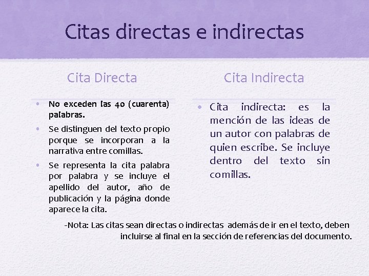 Citas directas e indirectas Cita Directa Cita Indirecta • No exceden las 40 (cuarenta)