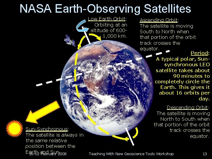 NASA Earth-Observing Satellites Low Earth Orbit: Orbiting at an altitude of 6001, 000 km.