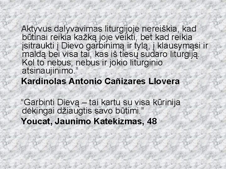  Aktyvus dalyvavimas liturgijoje nereiškia, kad būtinai reikia kažką joje veikti, bet kad reikia