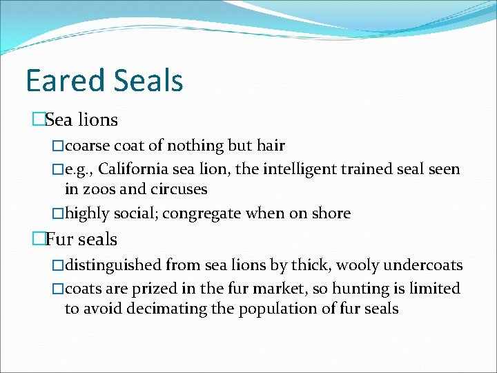 Eared Seals �Sea lions �coarse coat of nothing but hair �e. g. , California