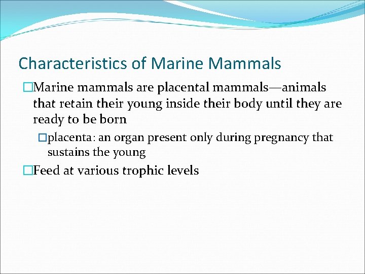 Characteristics of Marine Mammals �Marine mammals are placental mammals—animals that retain their young inside