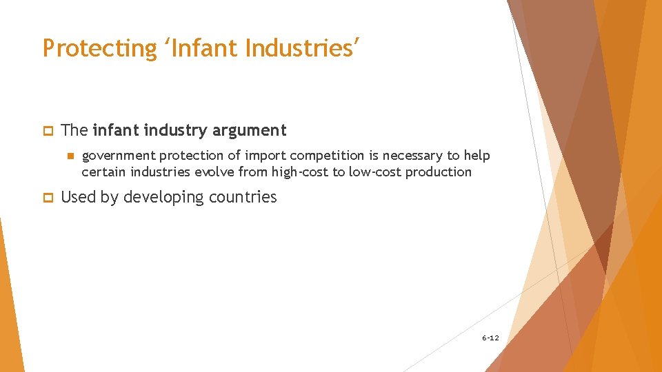 Protecting ‘Infant Industries’ p The infant industry argument n p government protection of import