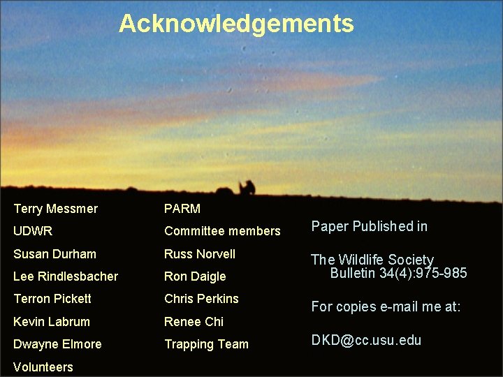 Acknowledgements Terry Messmer PARM UDWR Committee members Paper Published in Susan Durham Russ Norvell