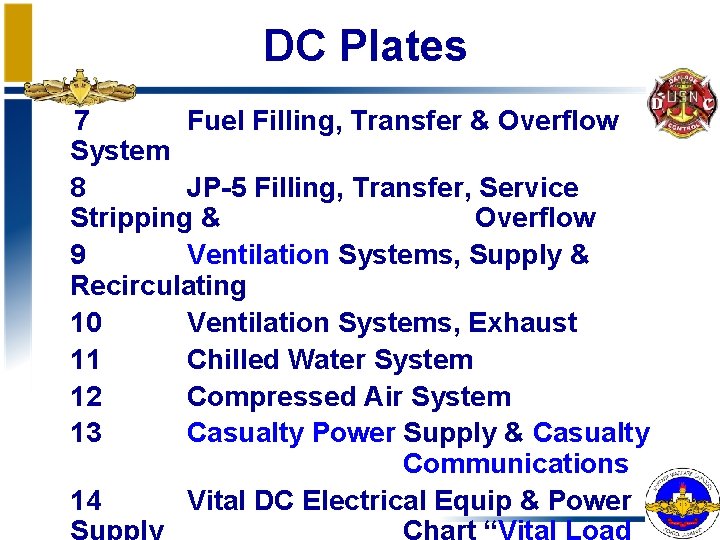 DC Plates 7 Fuel Filling, Transfer & Overflow System 8 JP-5 Filling, Transfer, Service