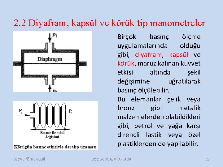 2. 2 Diyafram, kapsül ve körük tip manometreler Birçok basınç ölçme uygulamalarında olduğu gibi,